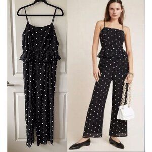 Anthropologie Rosie Black White Floral Embroidery Peplum Jumpsuit